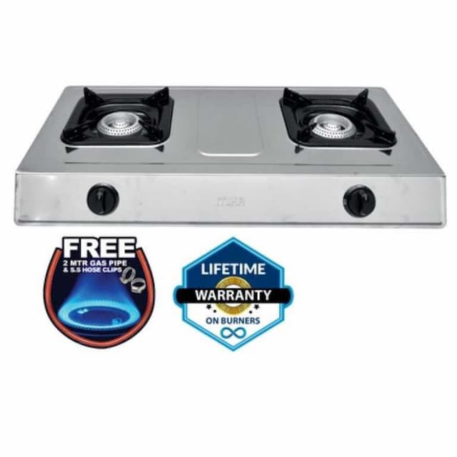 Mika Gas Stove, Table Top, Double Burner, Stainless Steel Body