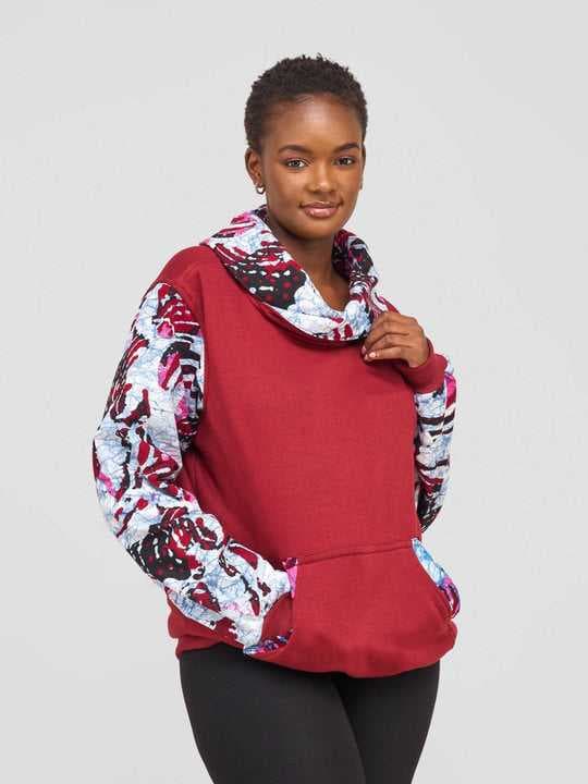 Kay Designs Maroon Fleece Jumper with Ankara Sleeves and Neck